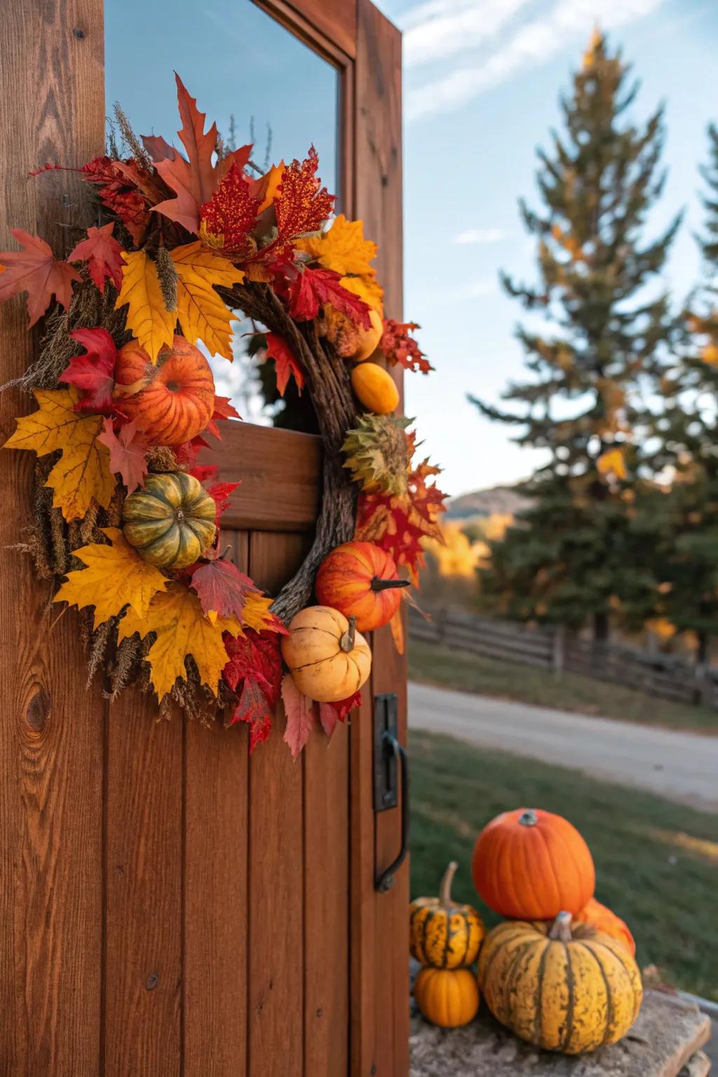 An autumn harvest wreath, painting your entrance with the colors and abundance of the season.