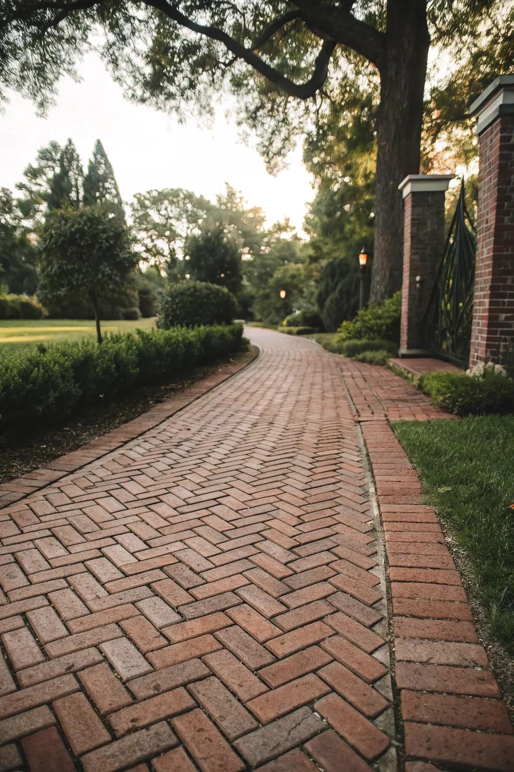 A traditional clay walkway arranged in a timeless herringbone pattern.
