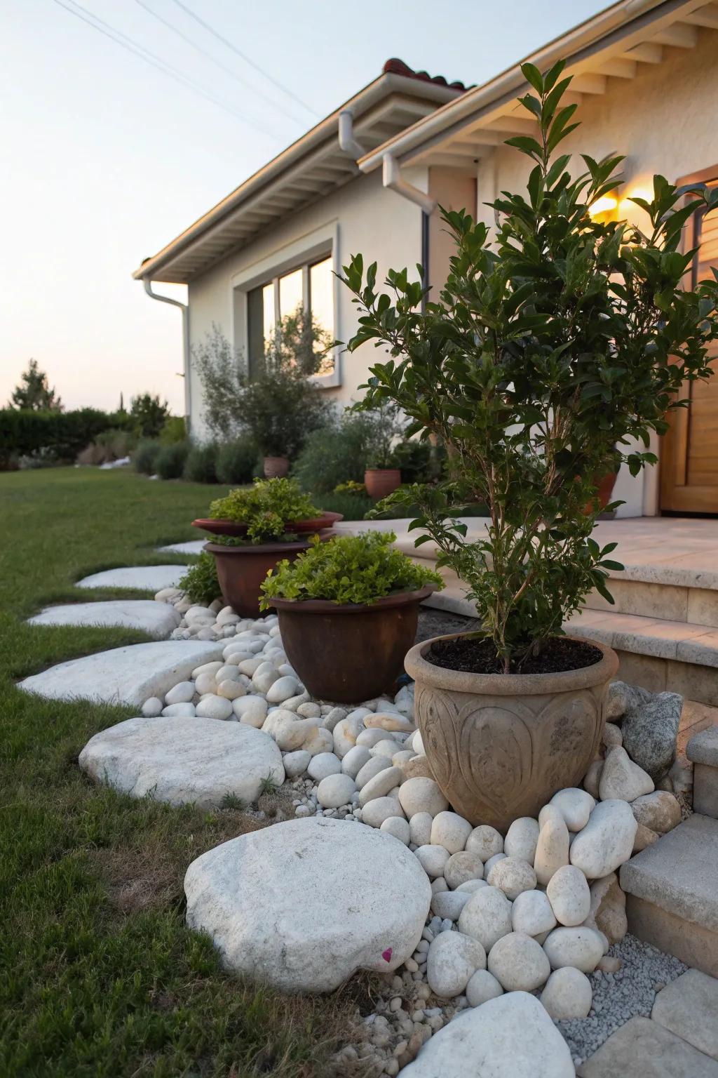 Showcase potted plants with an ivory stone base.