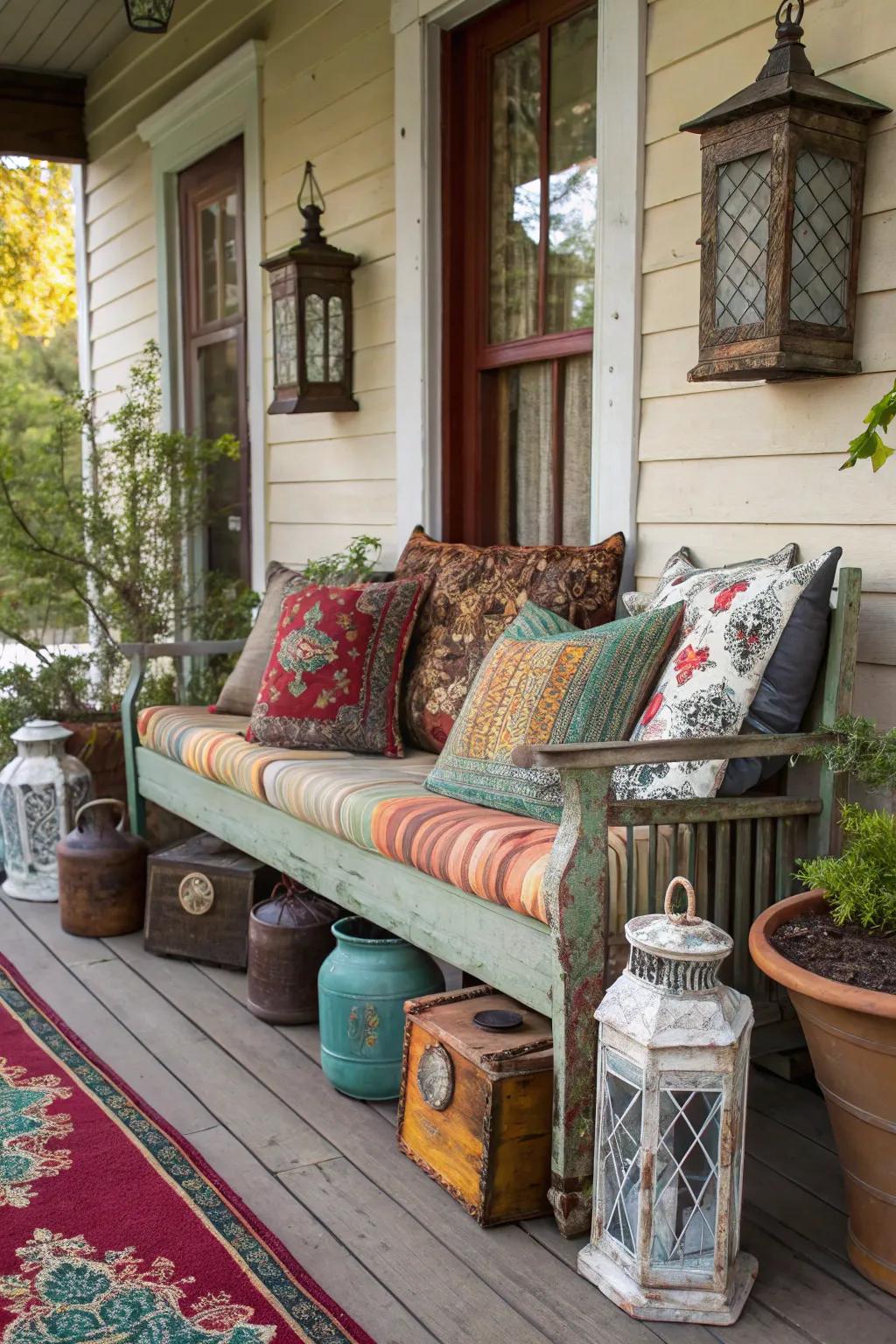 An eclectic bench with vintage finds creates a unique statement.