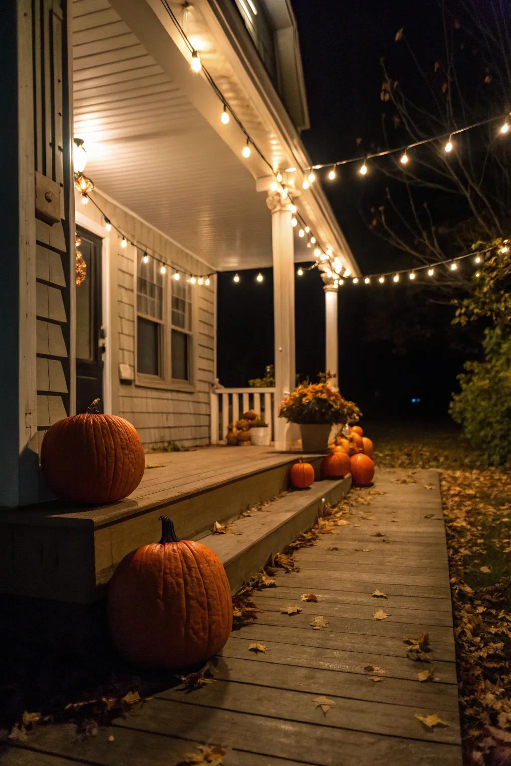 Illumination strands cultivate a bewitching ambiance amidst pumpkins.