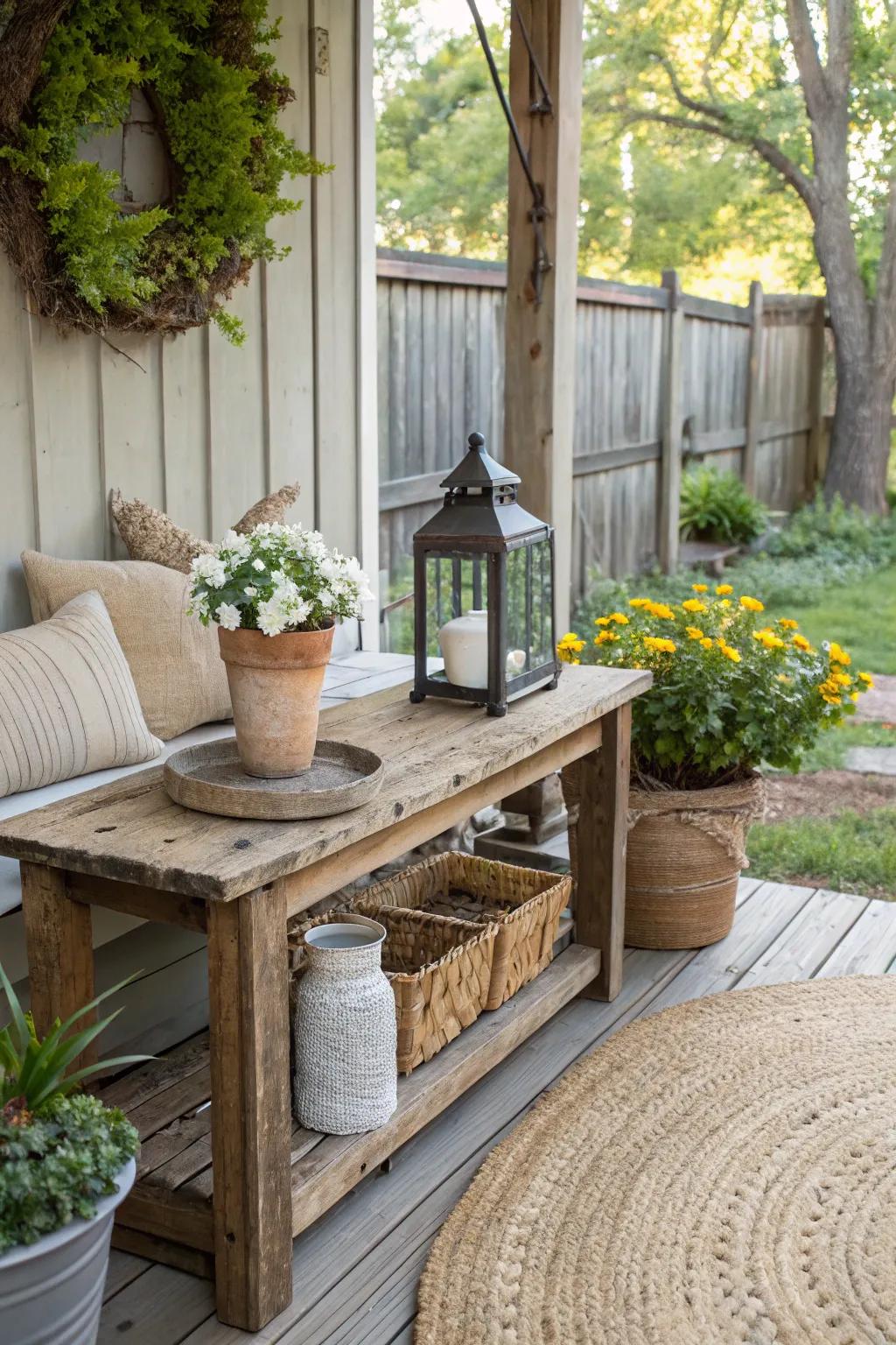 A reclaimed timber table brings history and beauty to your porch.