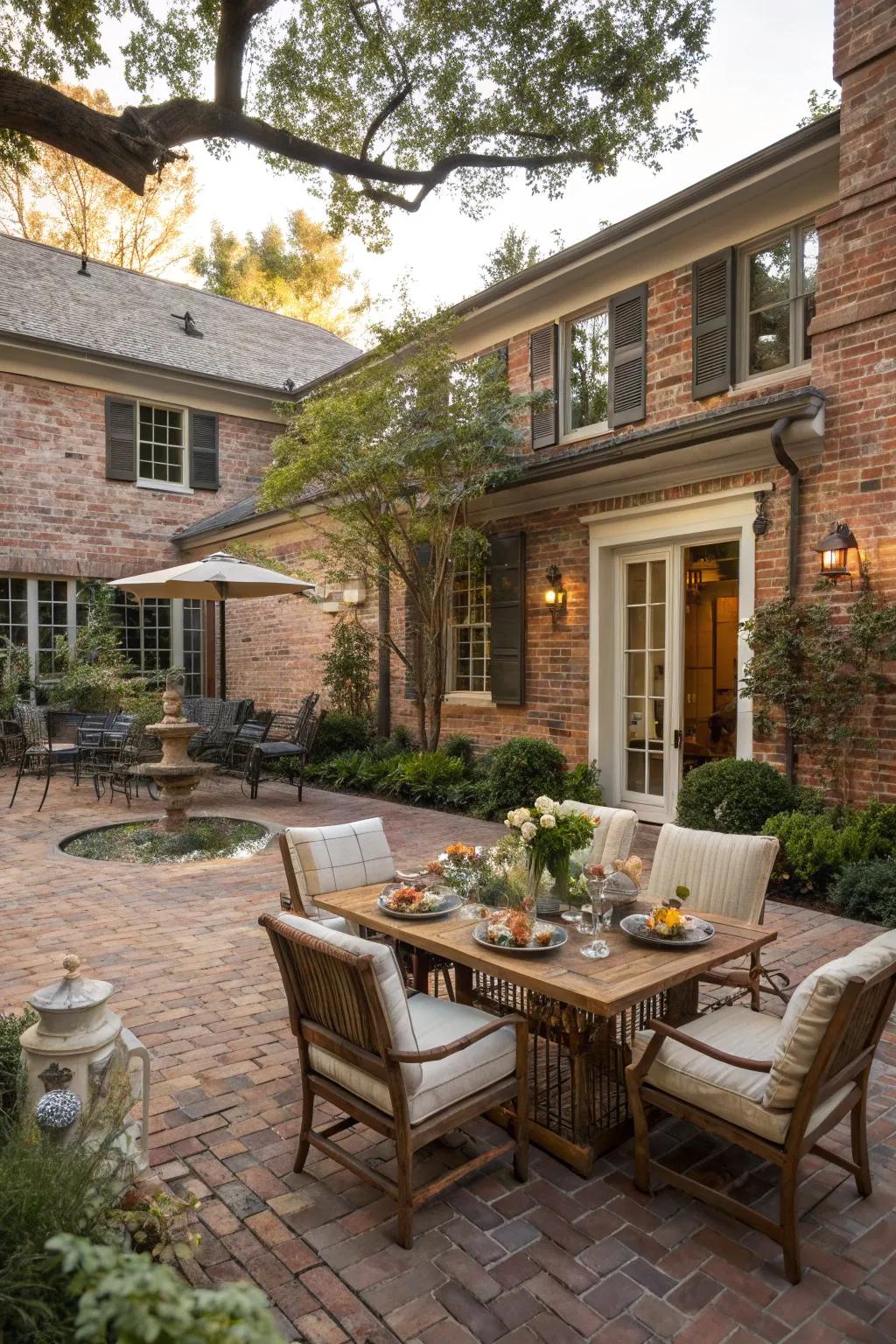 A brick patio extends living areas outdoors.