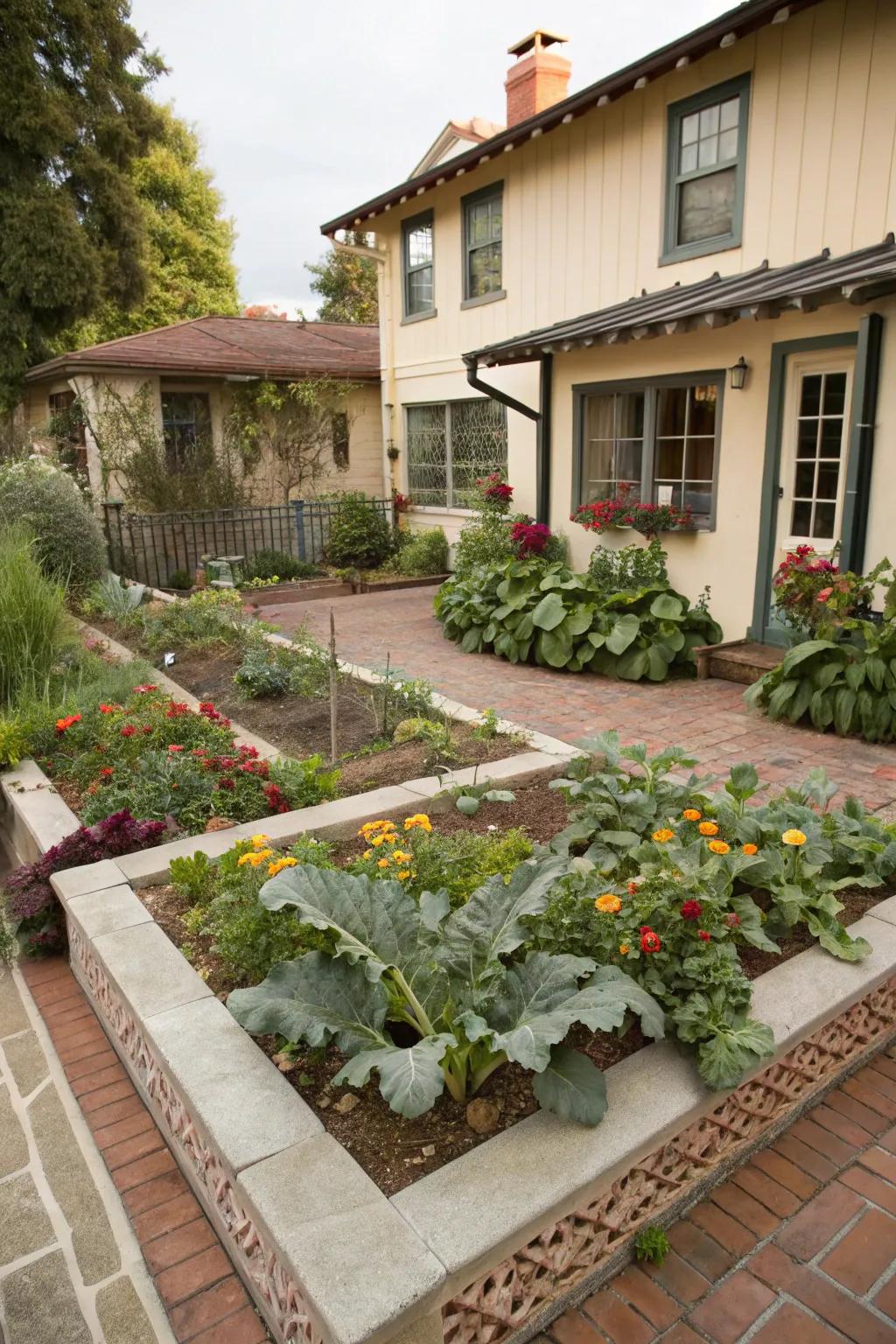 A kitchen garden brings practicality and charm within the courtyard.