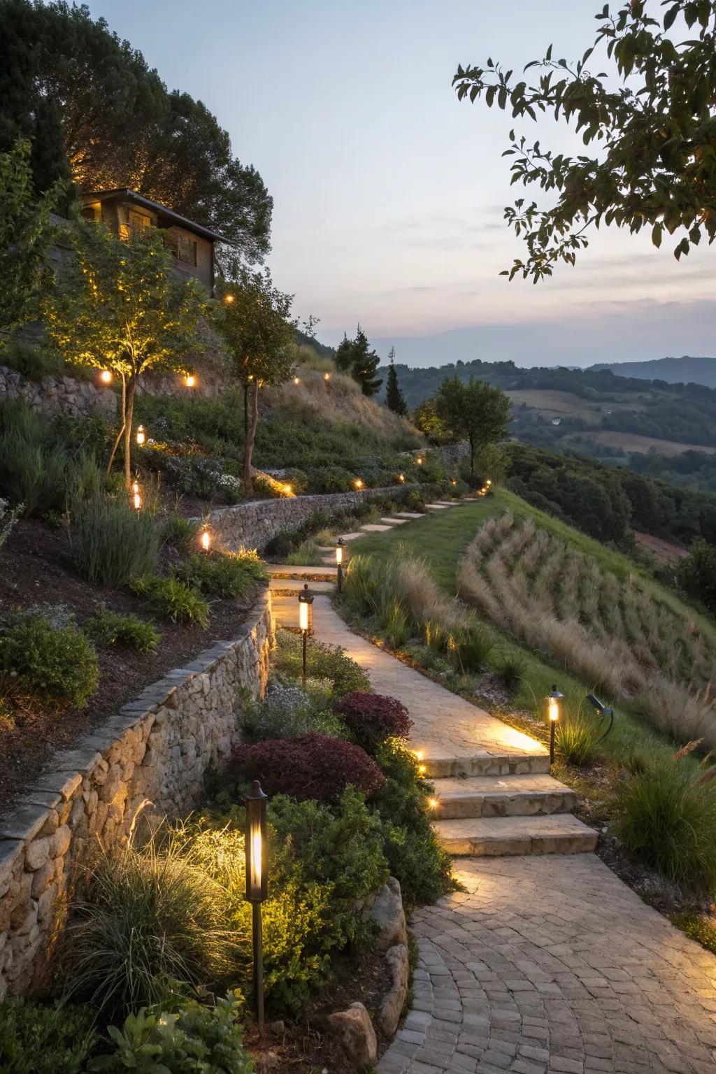 Inventive lighting amplifies the splendor and security of your inclined terrain.