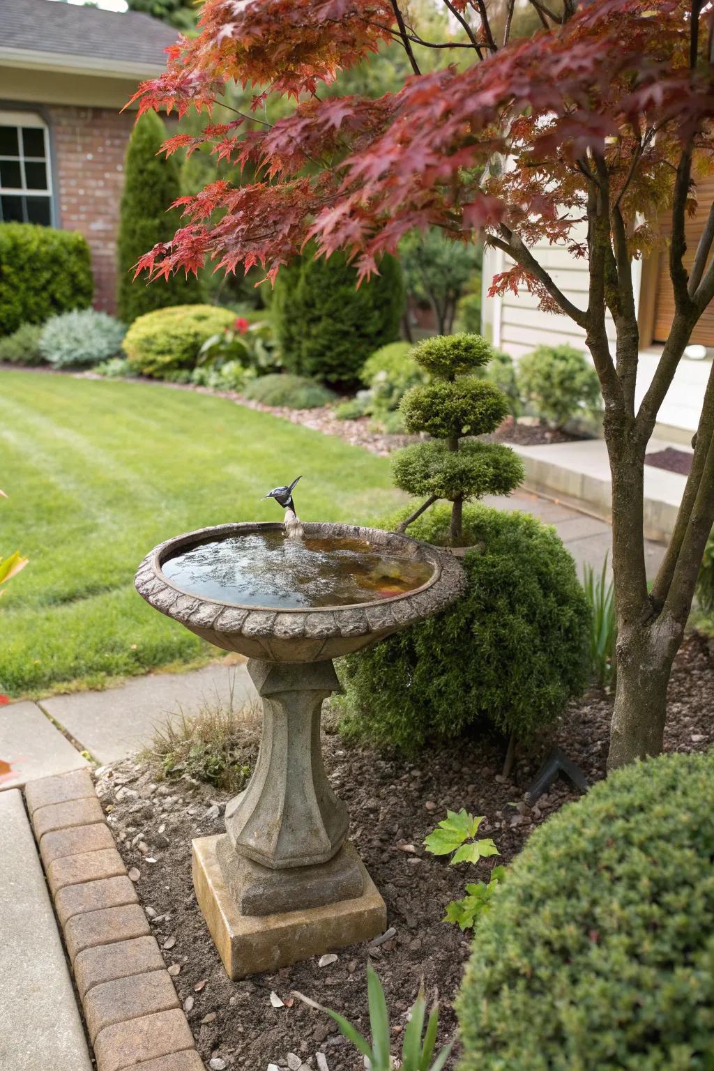A bird bath invites wildlife to relish the serene environment surrounding the Japanese maple.