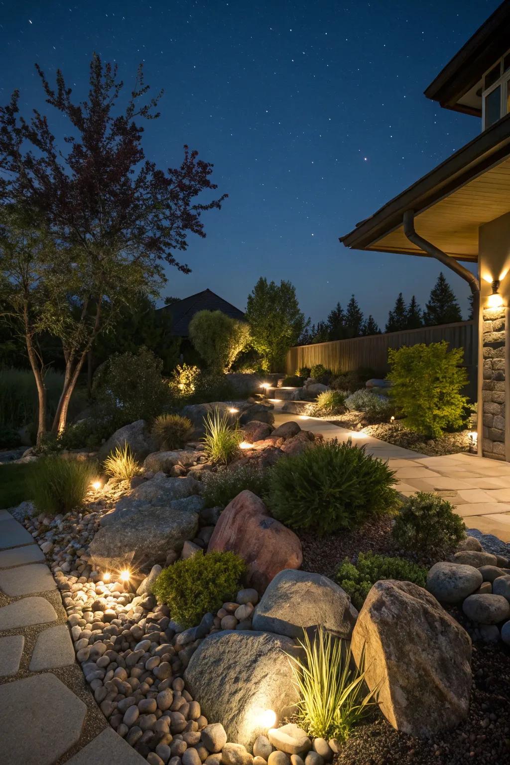 A front garden stone design illuminated with strategic illumination for evening ambiance.