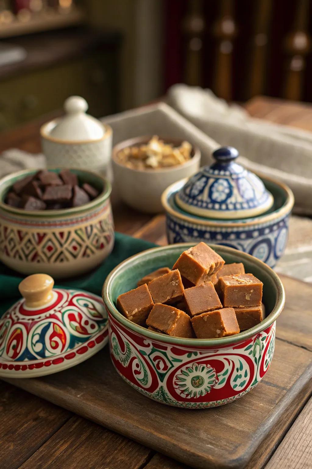 Artistic fudge display in artisan-painted dishes.