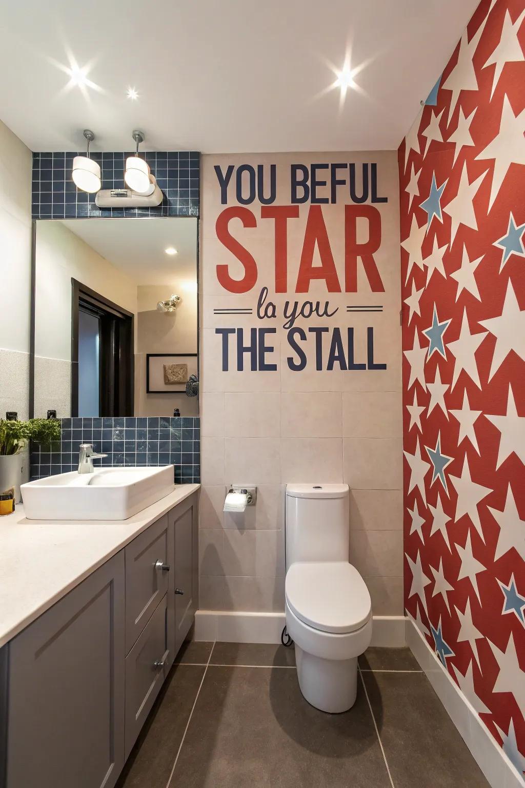 A striking accent wall injects character and intrigue into the bathroom.
