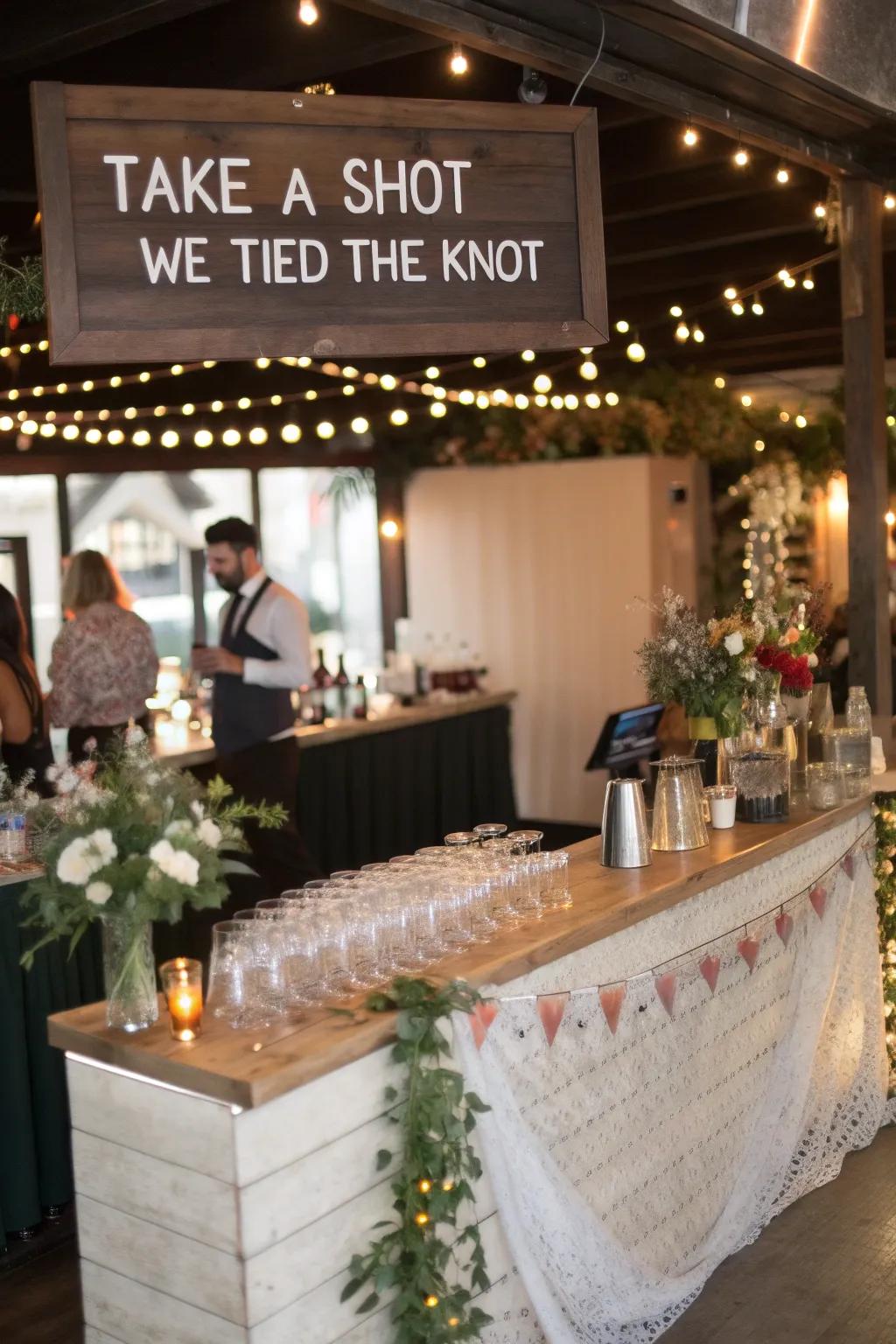 Raising a glass to laughter with a celebratory sign.