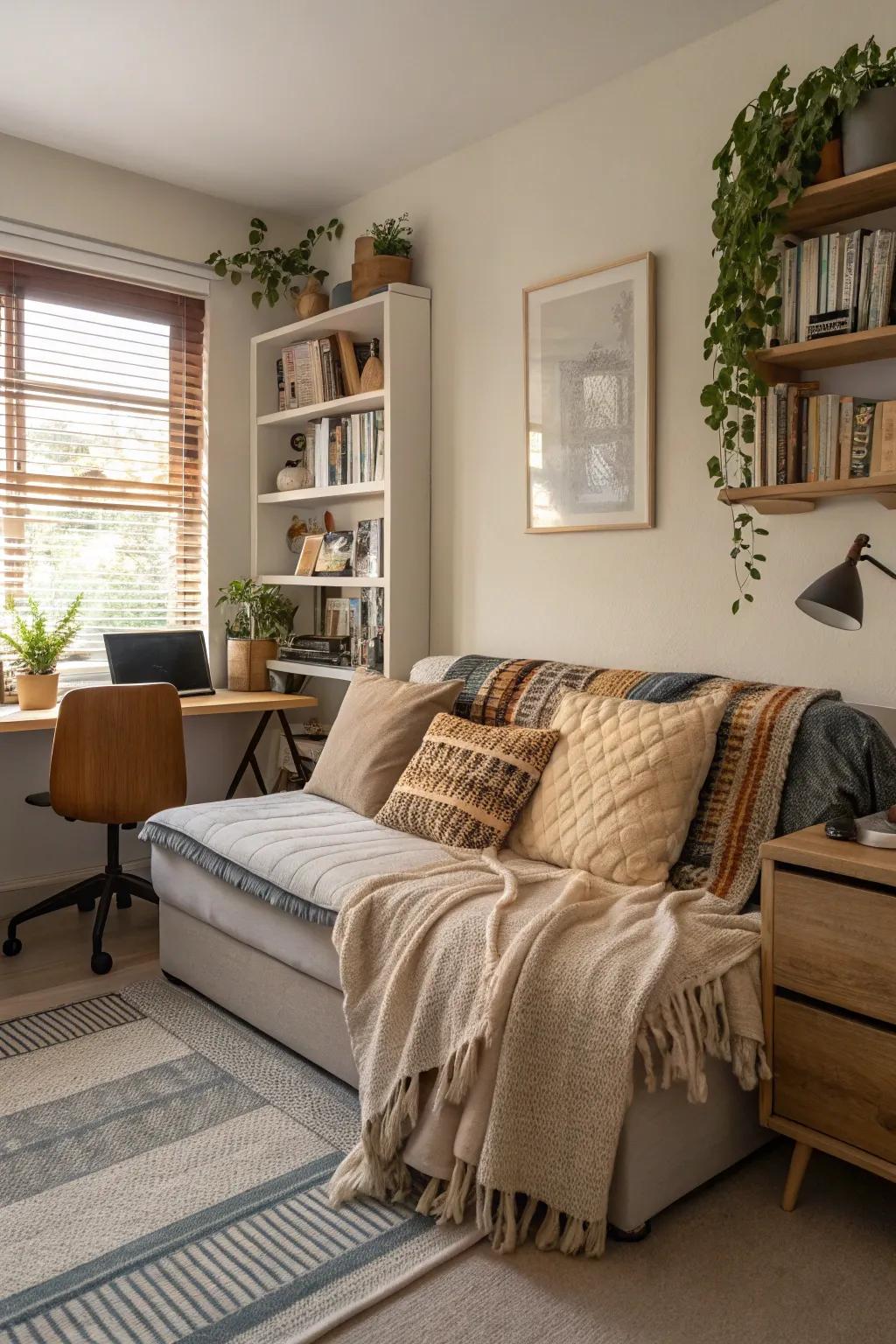 Layered fabrics foster a warm and inviting office ambiance.