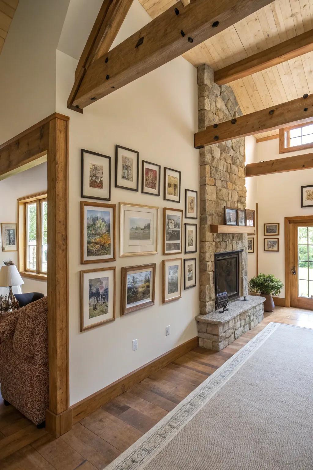 Rustic charm with timber frames enriches the space.