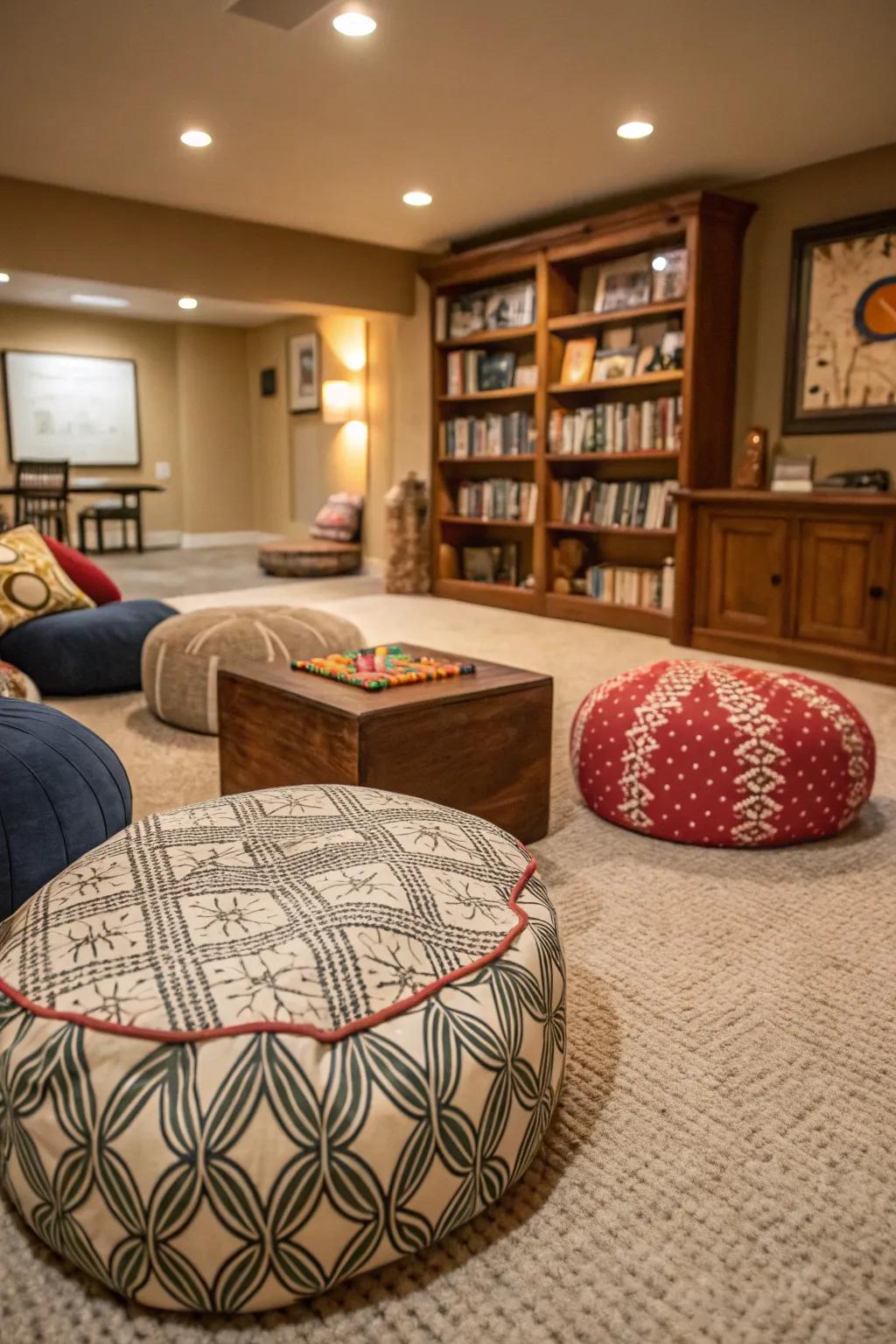 Stylish ground cushions offer casual seating for spontaneous gaming.