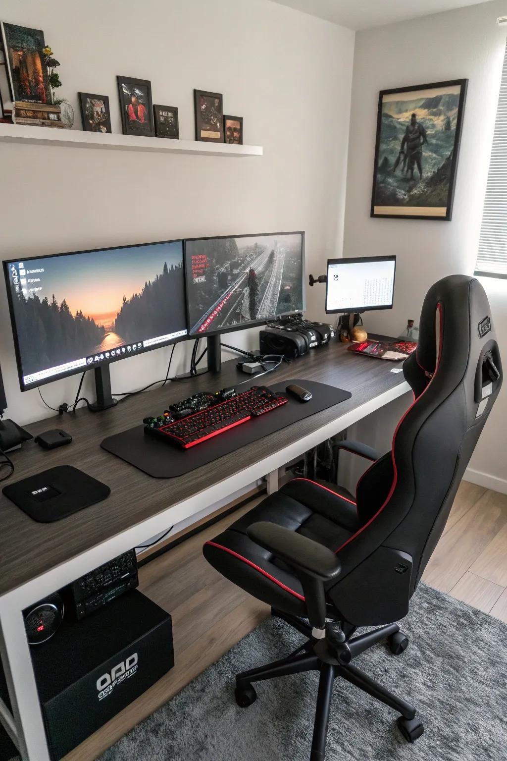 Mounted monitors free up desk space and offer flexible positioning.