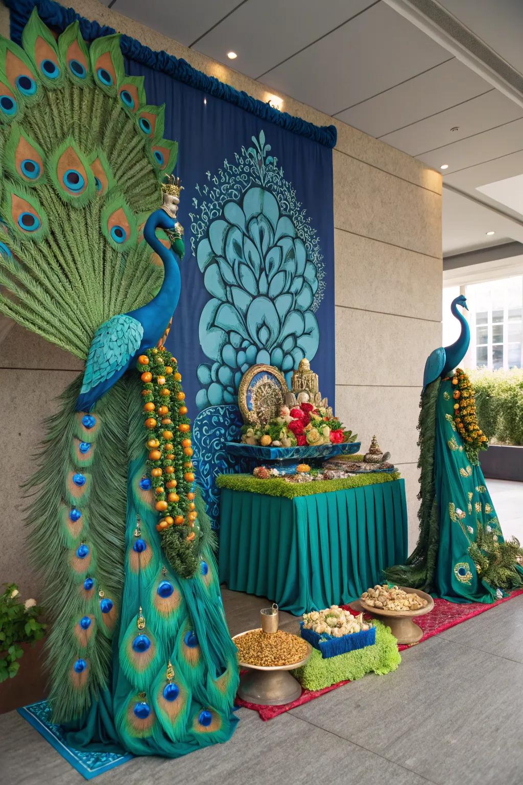 A peacock-themed ornamentation exhibiting blue and green shades, thus realizing a unified and stunning arrangement.
