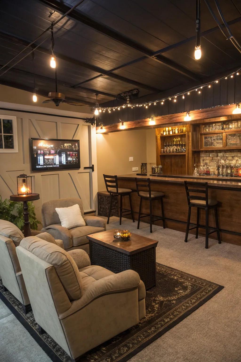 A vibrant entertainment space located inside a garage.