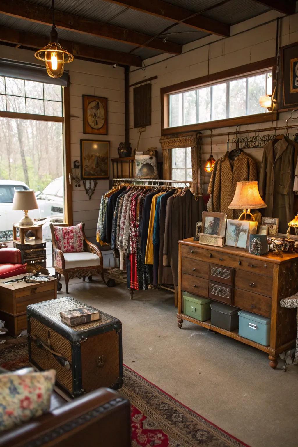 Vintage treasures add charm and a sense of the past inside a garage boutique.