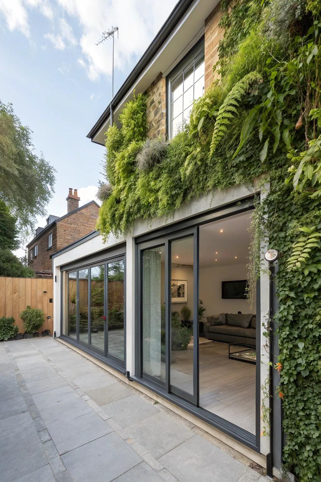 A vertical garden adds lushness and texture.