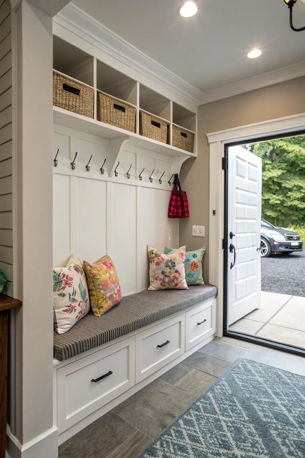 Comfortable seating renders the mudroom a cozy location to commence and conclude your day.