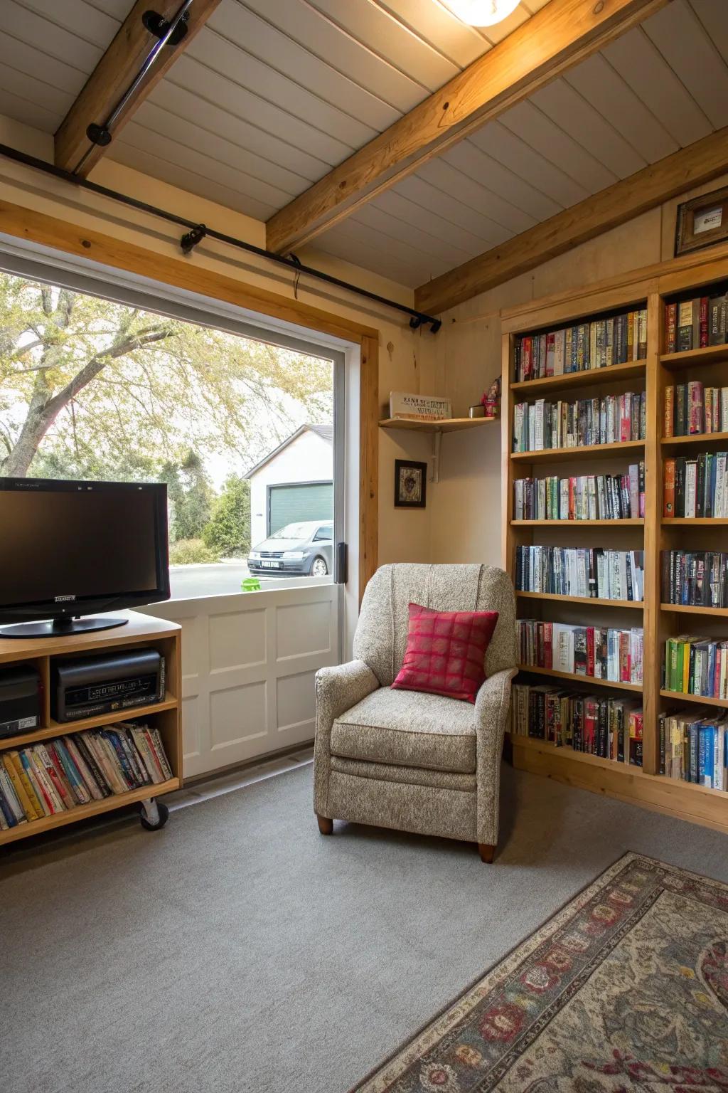 Unwind in a reading space featuring a TV for storytelling in your garage.