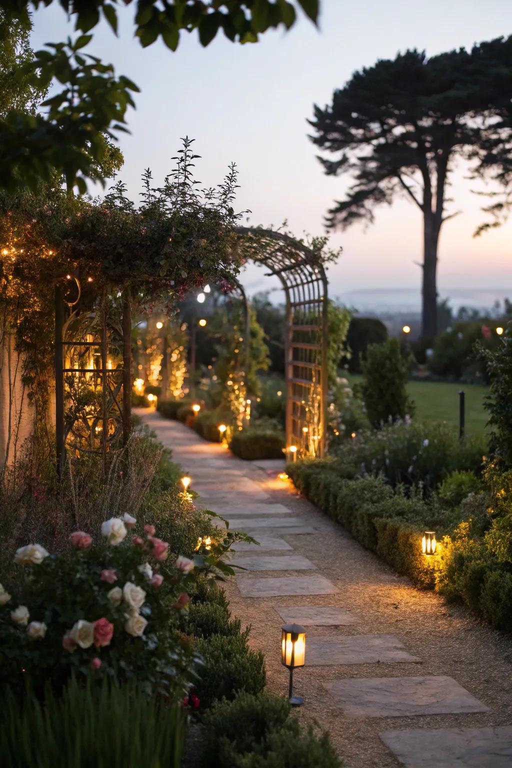 A garden transformed by soft lights, highlighting paths and plants.