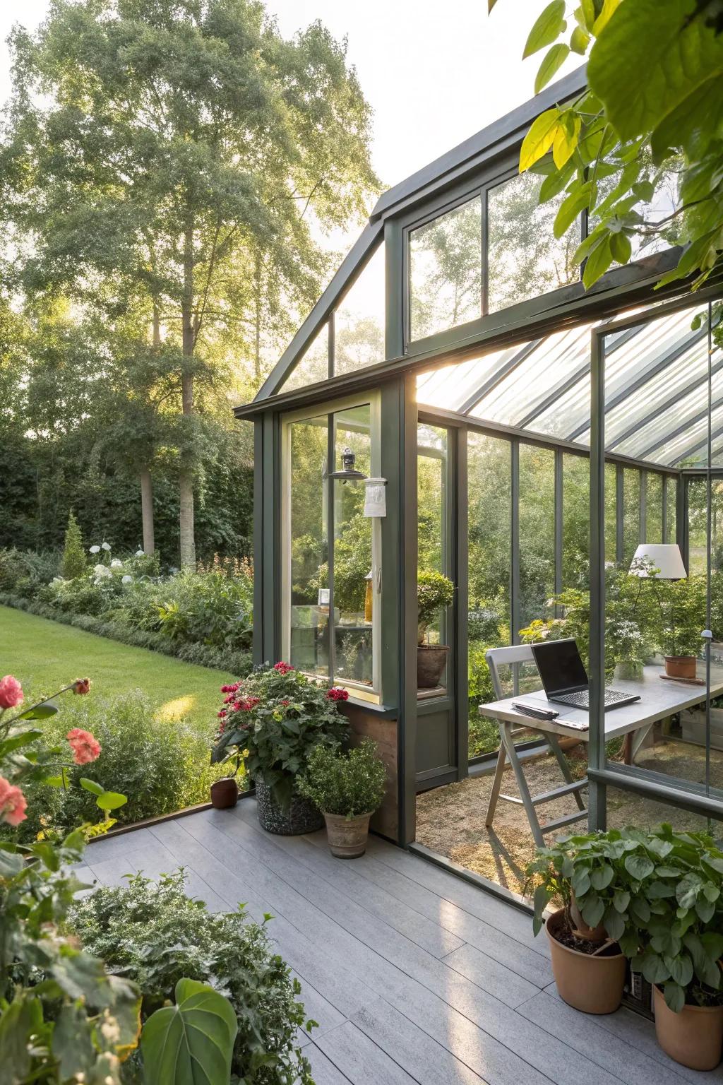 A glasshouse-style garden office, combining work with a love for plants.