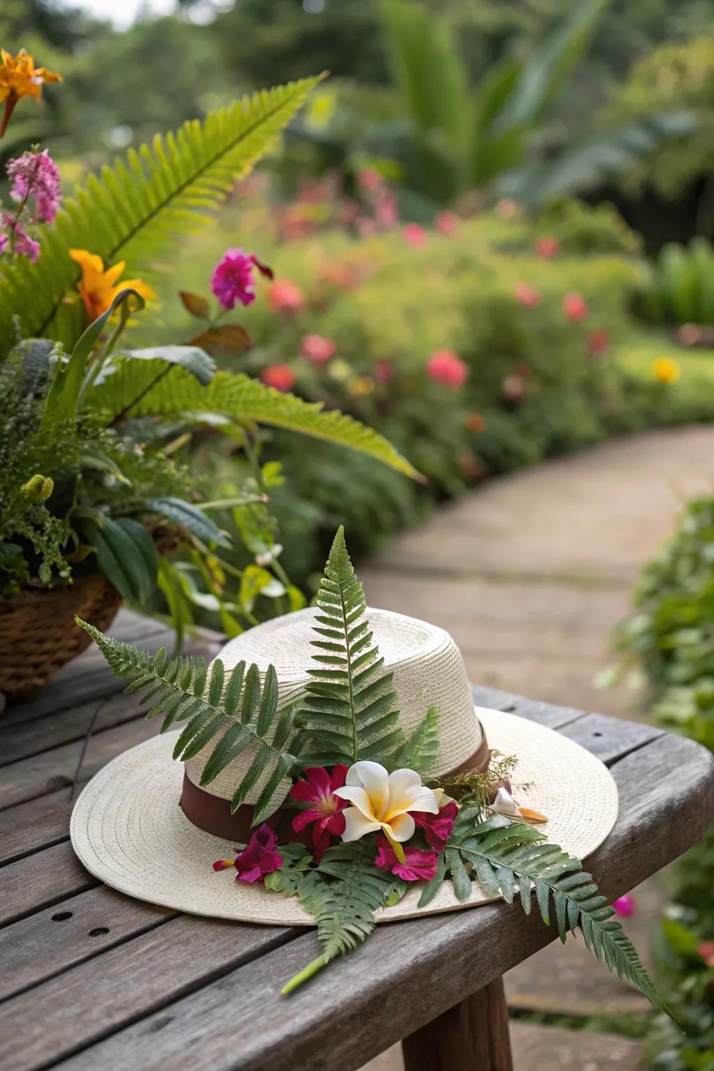 Rainforest escape hat with lush tropical elements.