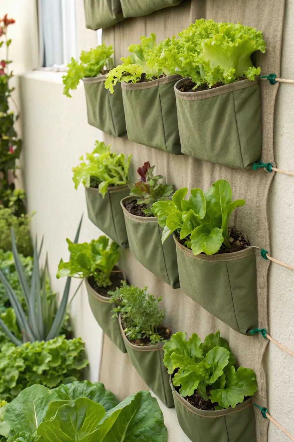 A hanging garden with fresh lettuce in fabric hangers.
