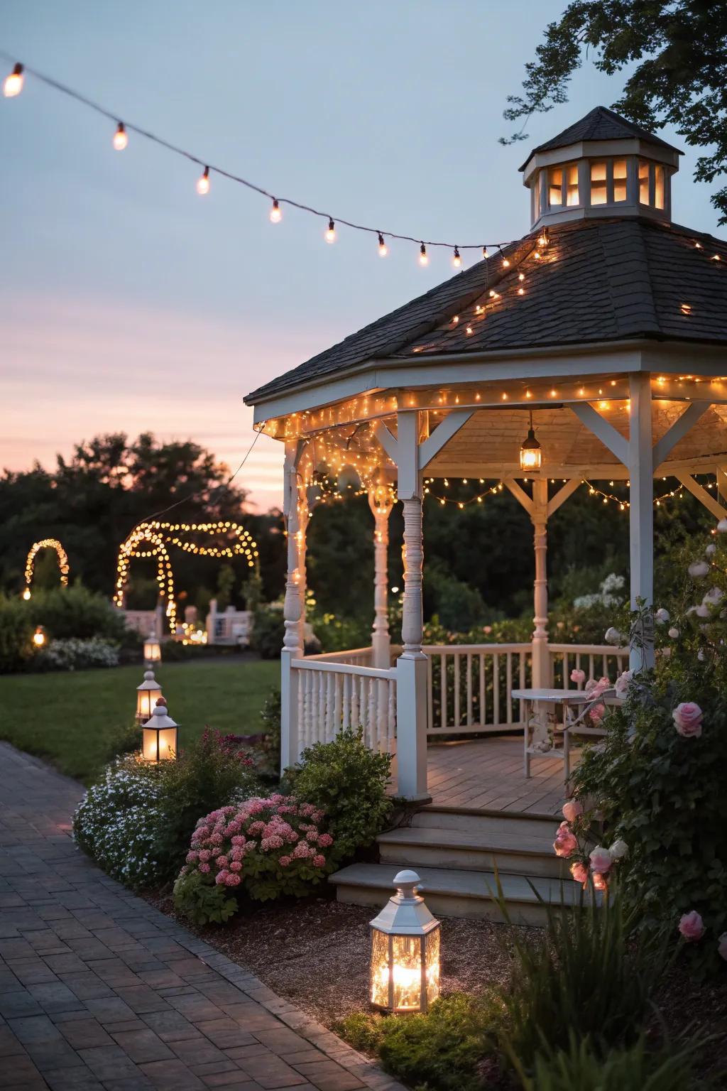 String lights and lanterns establish a romantic mood.