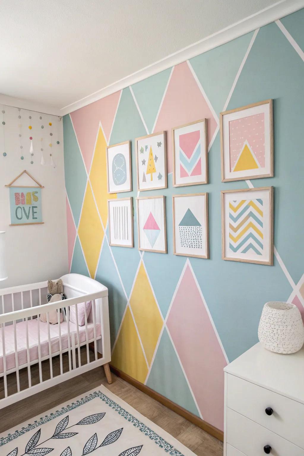 Pastel geometrics usher in a gentle and tranquilizing vibe to any chamber.