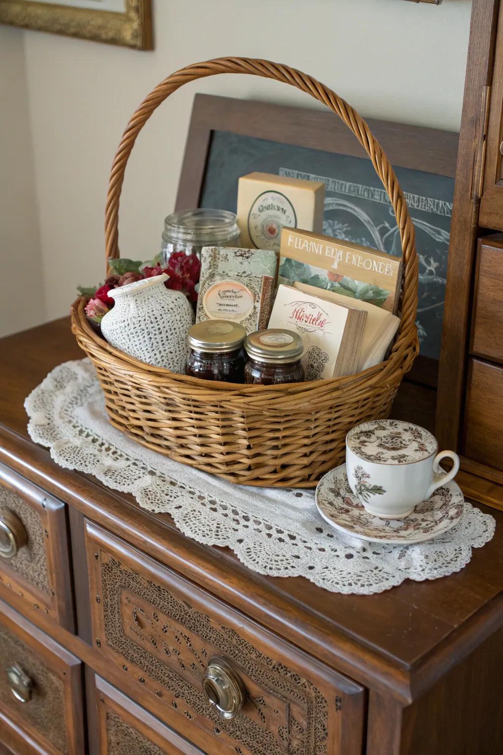 A vintage-themed treasure-filled basket echoing nostalgic notes.