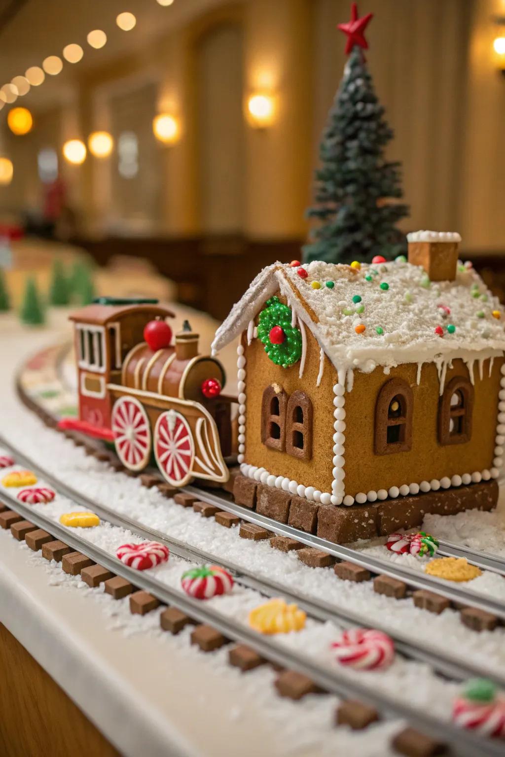 A gingerbread rail depot poised for an adventure.