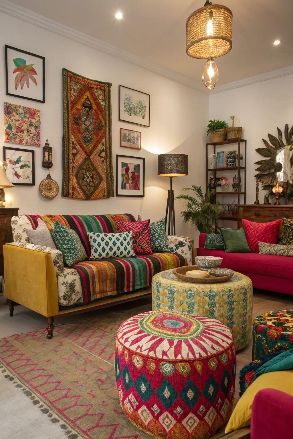 A vibrant living space with an eclectic combination of designs.
