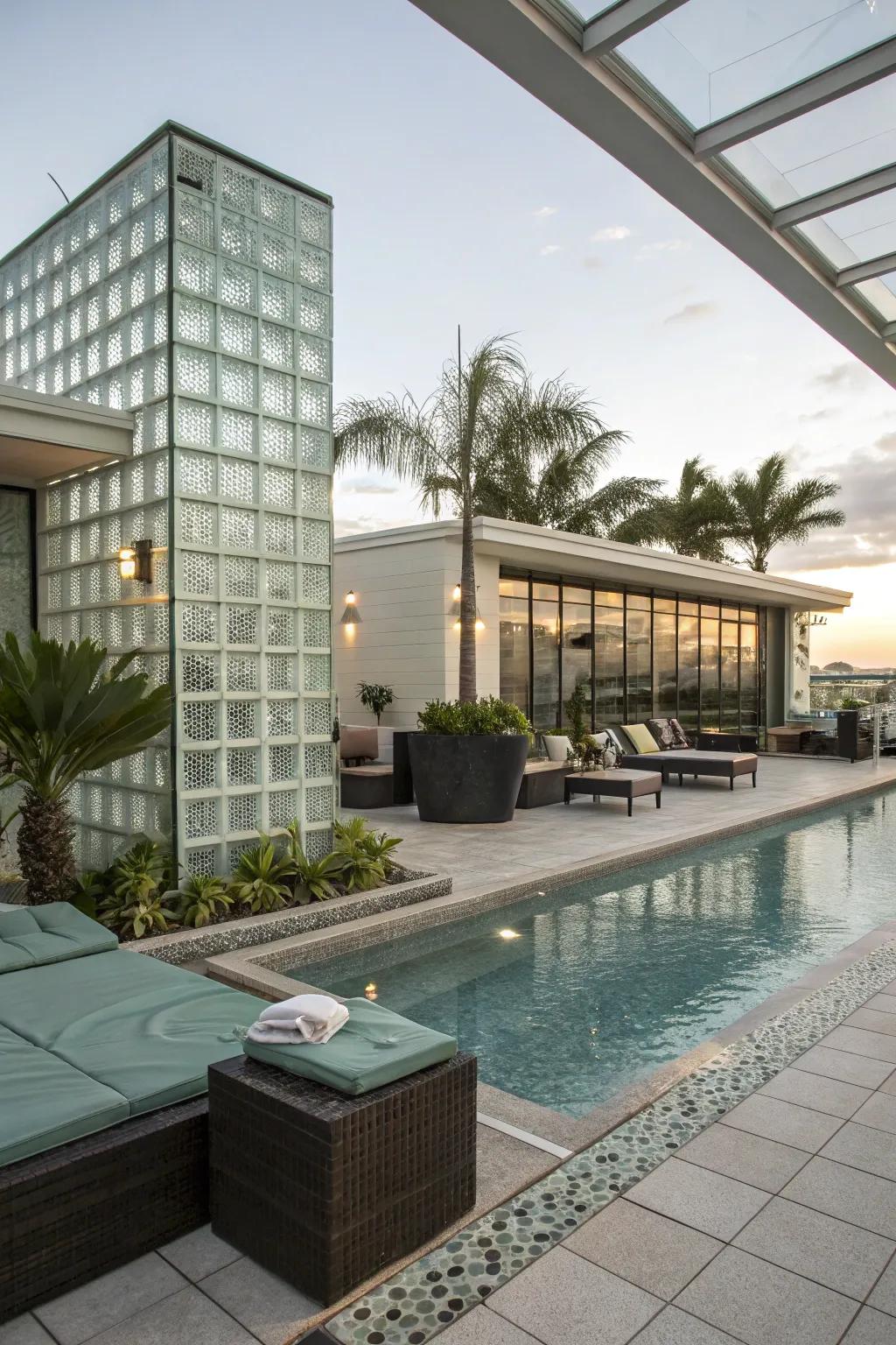 An outdoor pool area featuring transparent block features, adding sleek and modern design elements.