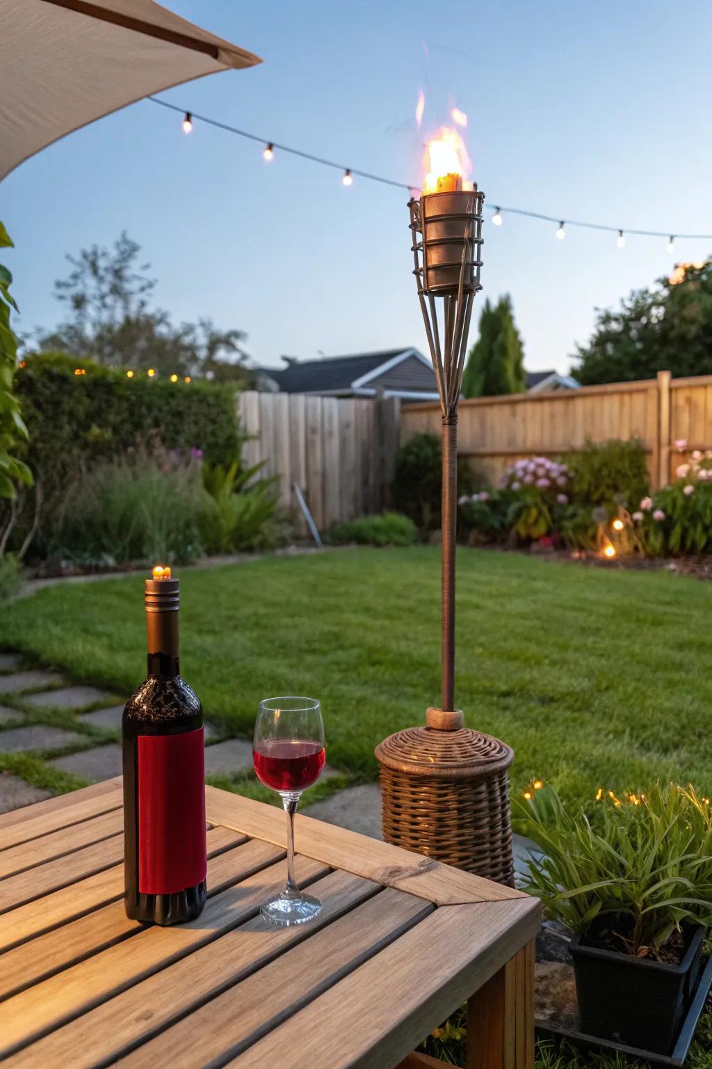 A wine container turned torch light ideal for summer evenings.
