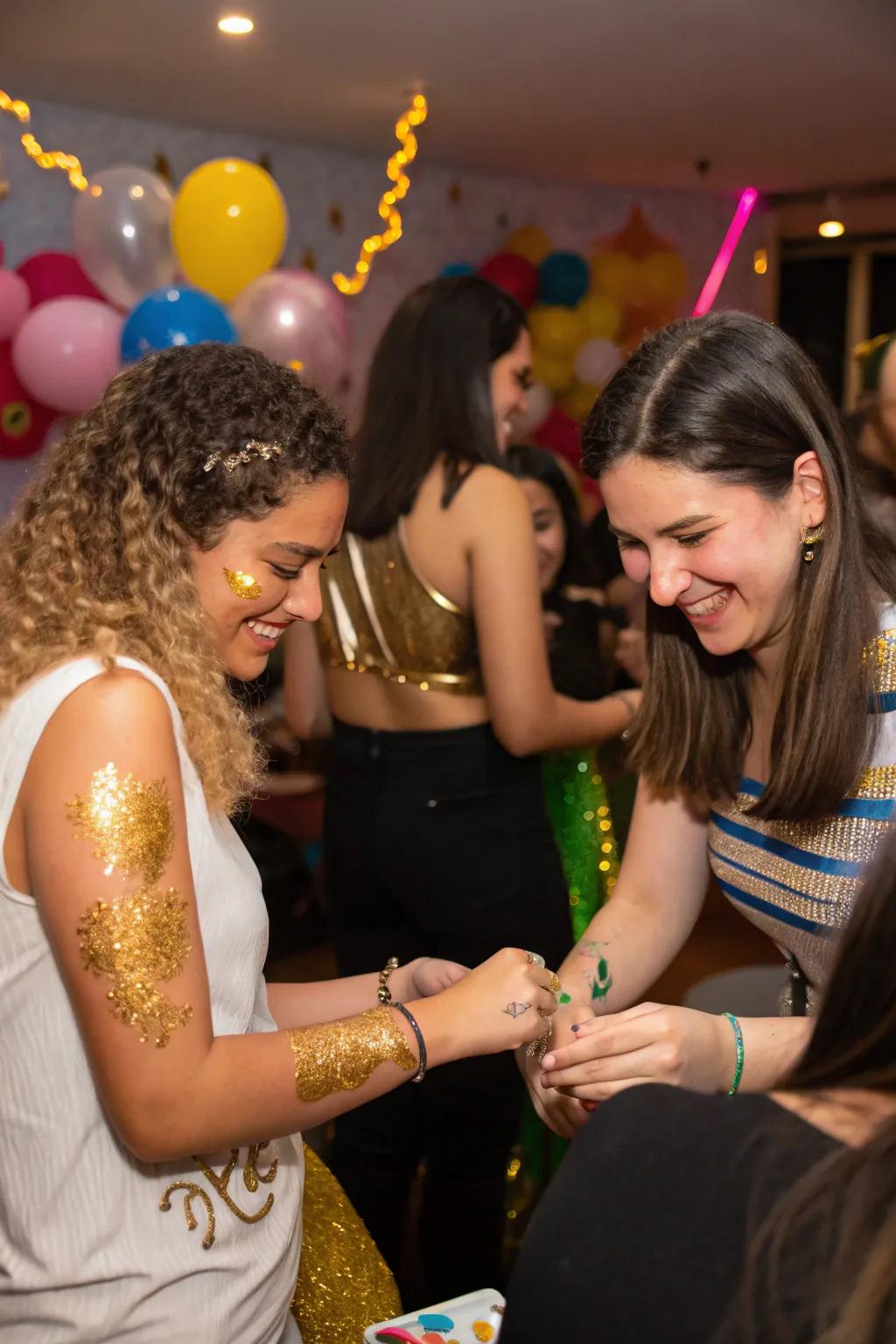 Attendees joyfully showcasing gold temporary tattoos, amplifying the fun-filled atmosphere.