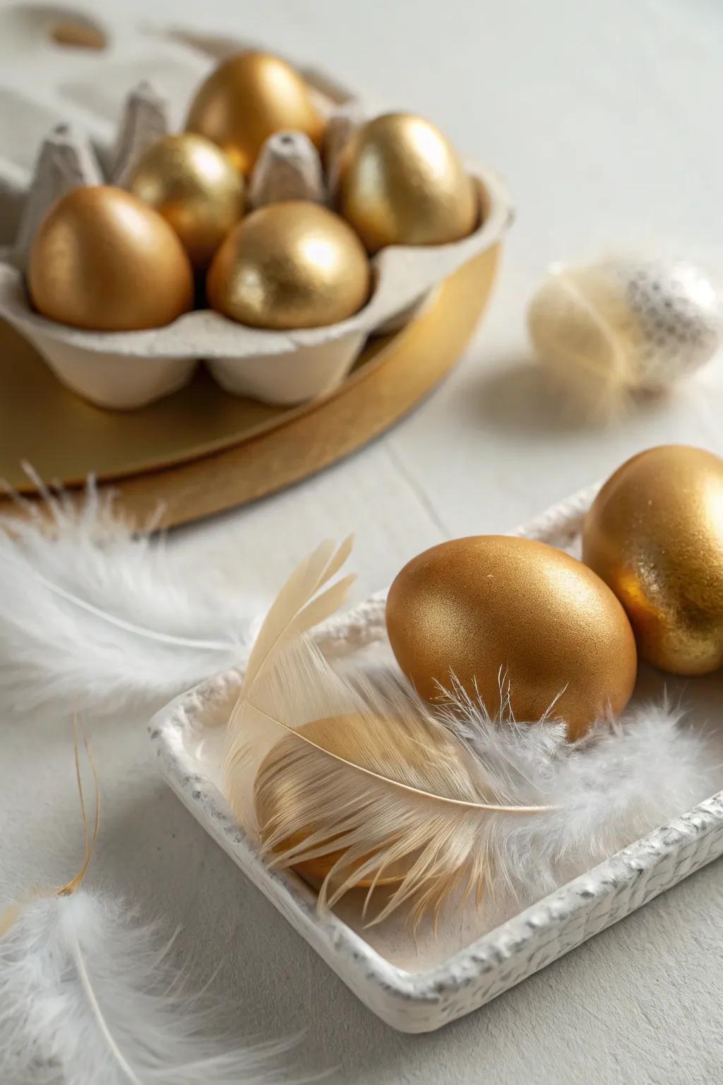 Downy-enhanced gilded eggs evoke a whimsical, ethereal vibe.