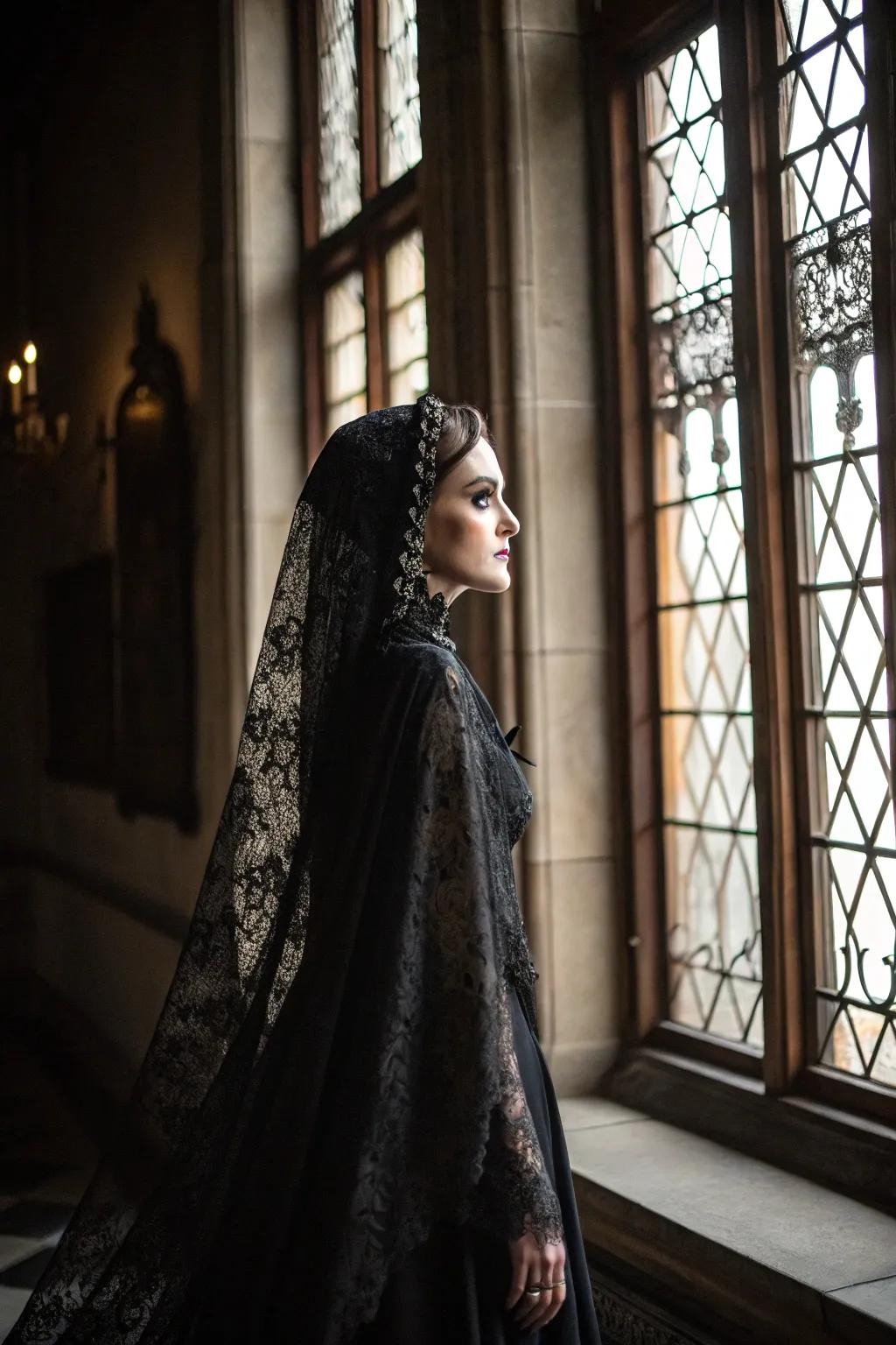 A gothic bride with a theatrical sable lace veil and cape.