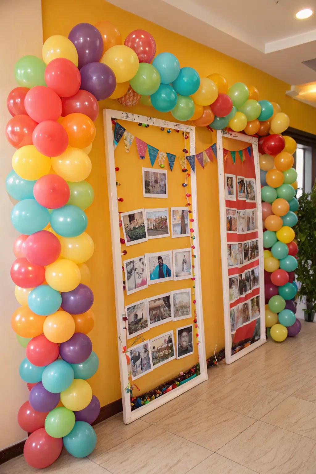 A balloon arch cultivates a whimsical and celebratory atmosphere.