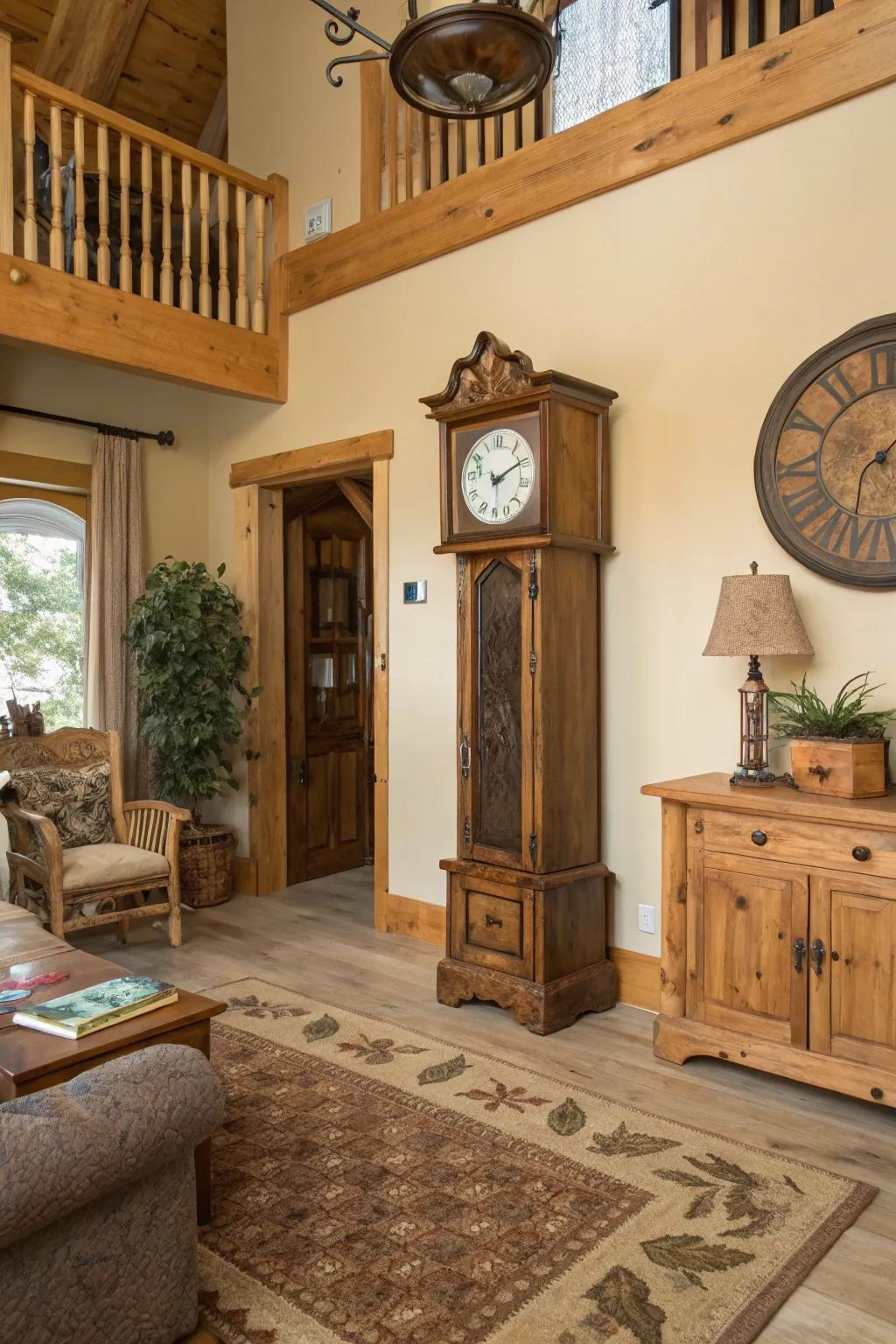 A time-honored timepiece complements the rustic charm of a cozy retreat.