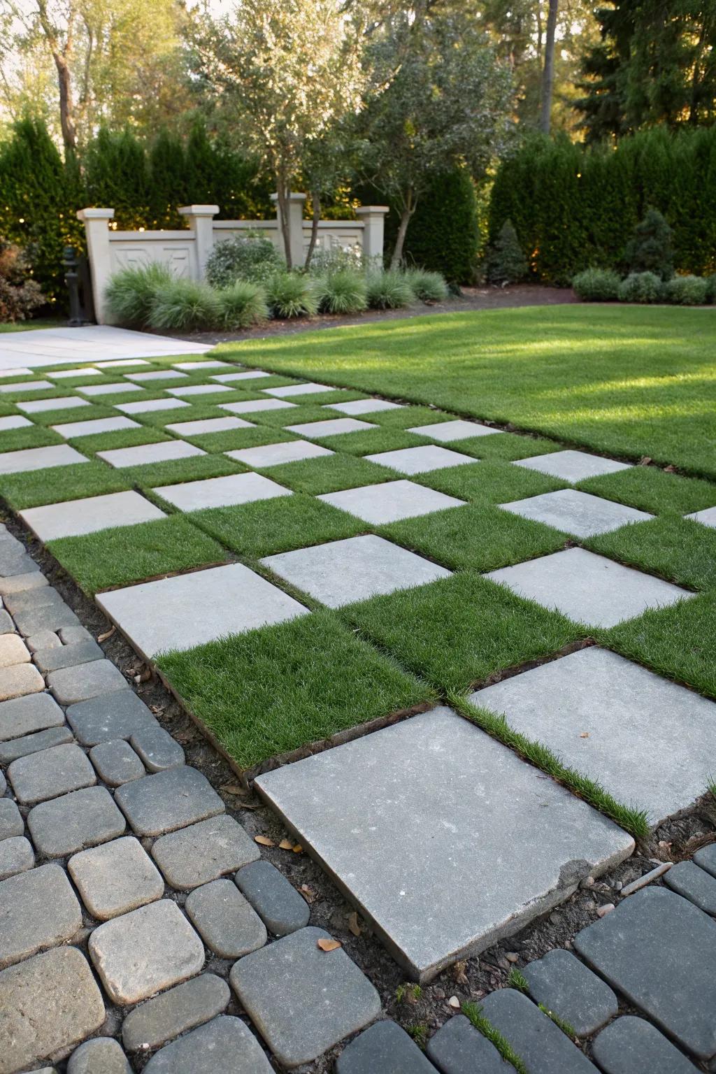 A playful pattern of turf and stone, inviting a second glance.