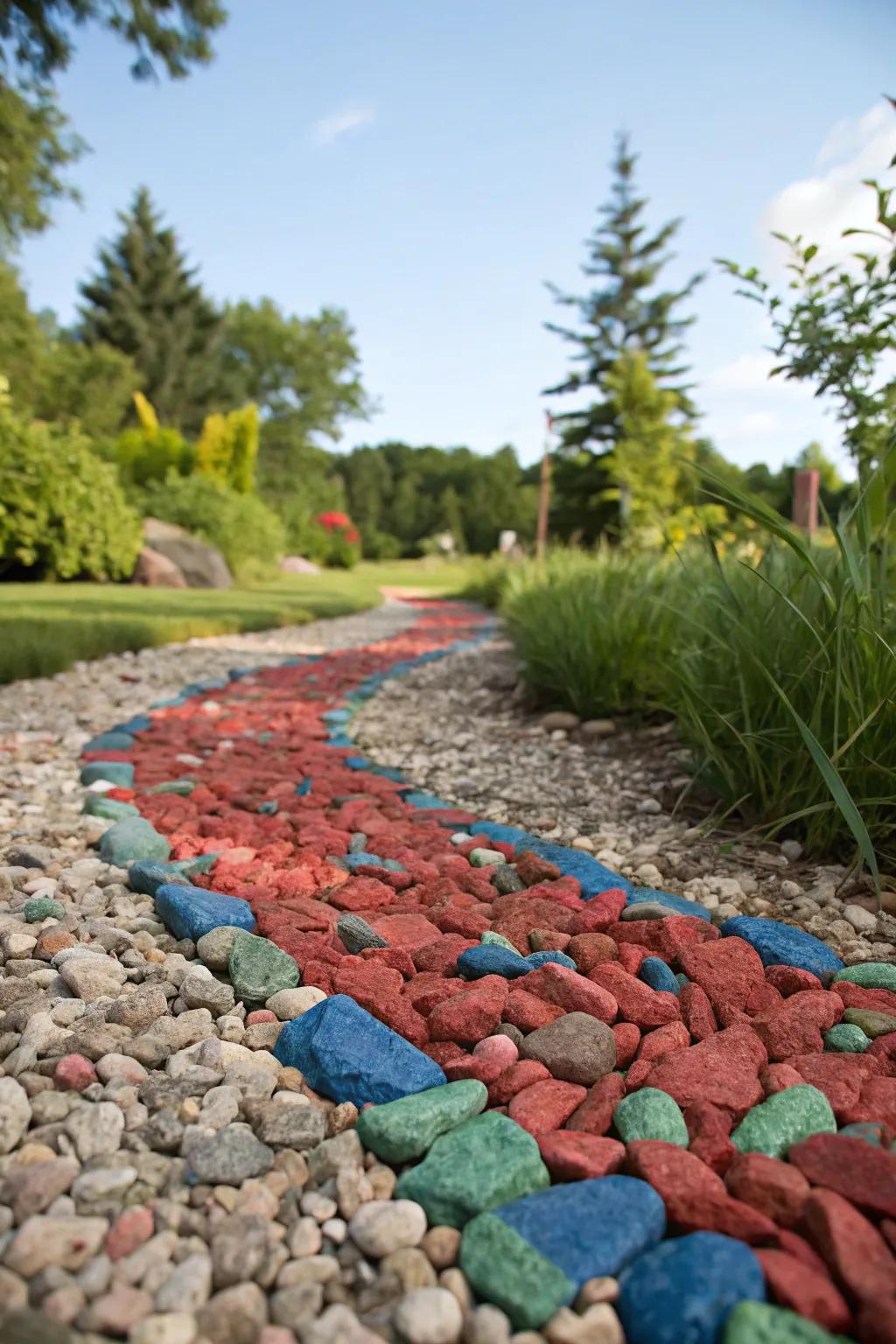 A path gains character from colorful gravel.