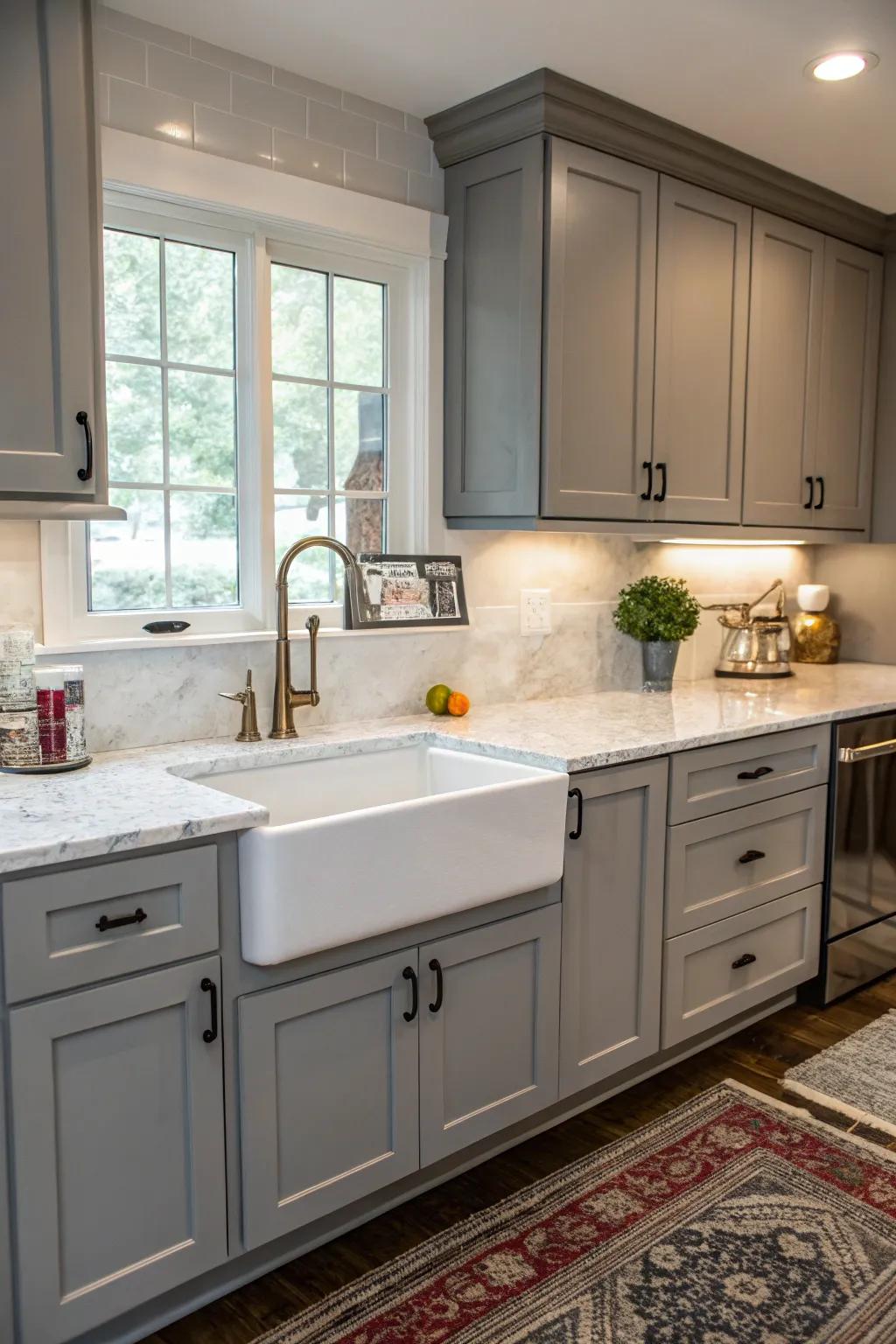 A country house sink complements the rustic appeal of gray cabinets.