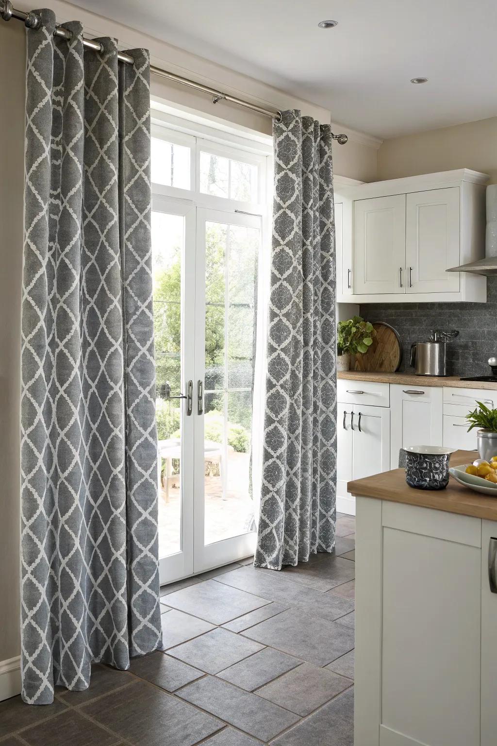Bold geometric patterned ash drapes for a modern artistic-inspired cooking space.
