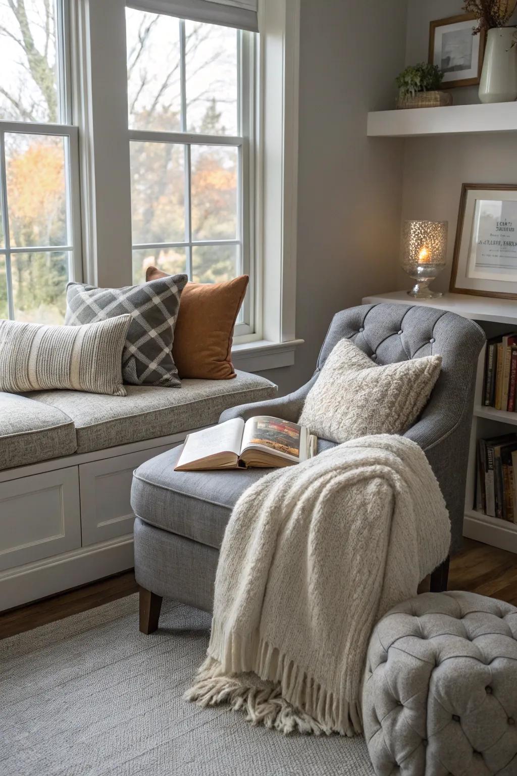 A cozy reading nook in a serene gray area.