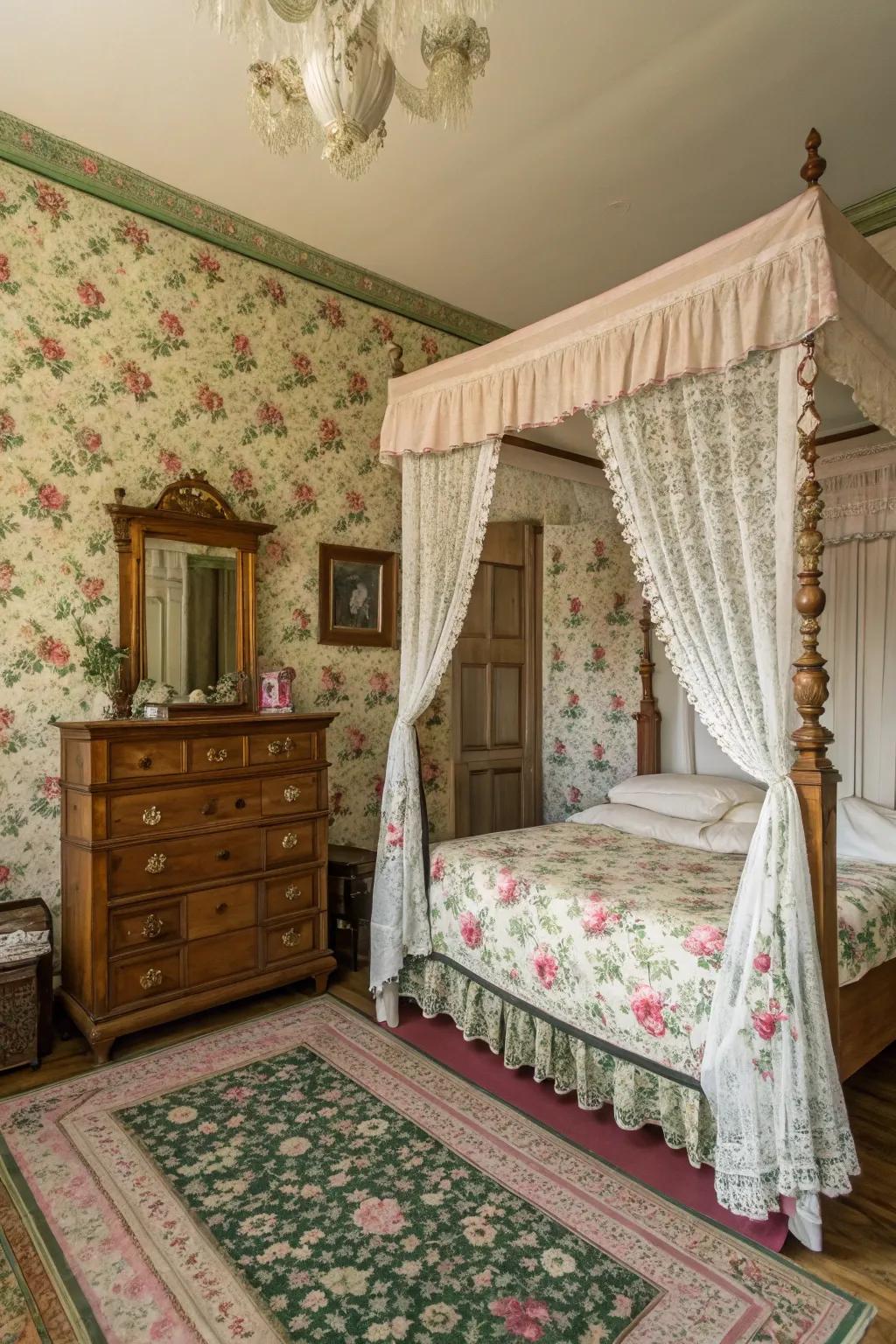 Vintage elegance is beautifully captured in verdant and rosy tones.