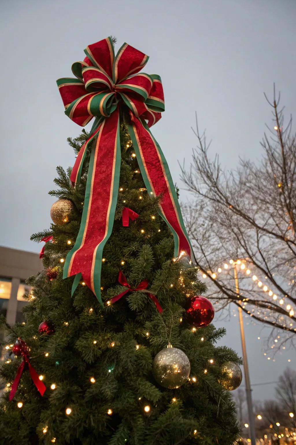 A Christmas tree showcasing a unique red and green ribbon tree crown.