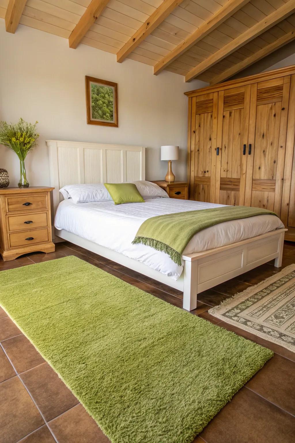 A green floor covering holds the room together and adds warmth underfoot.