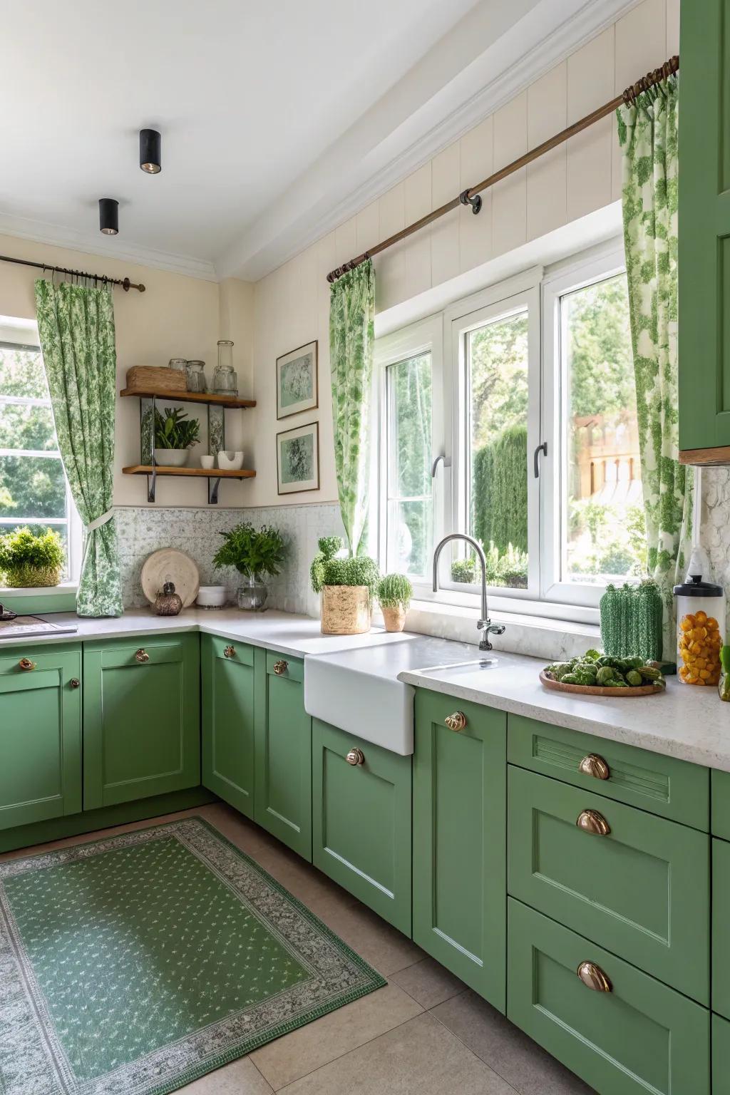 Verdant cabinetry imparts a revitalizing essence to the culinary area.