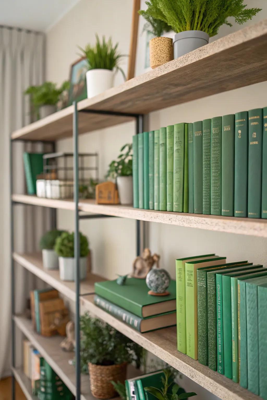 Shelving adorned with verdant-themed items.
